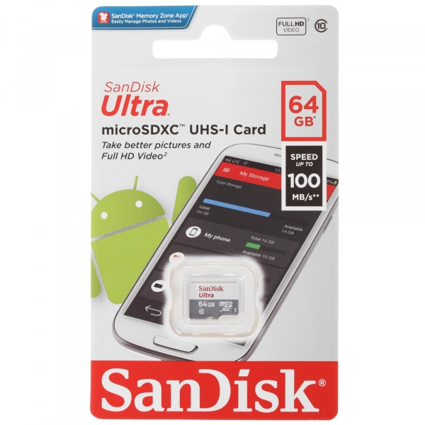 Карта памяти 64Gb MicroSDHC SanDisk Ultra cl.10с/а